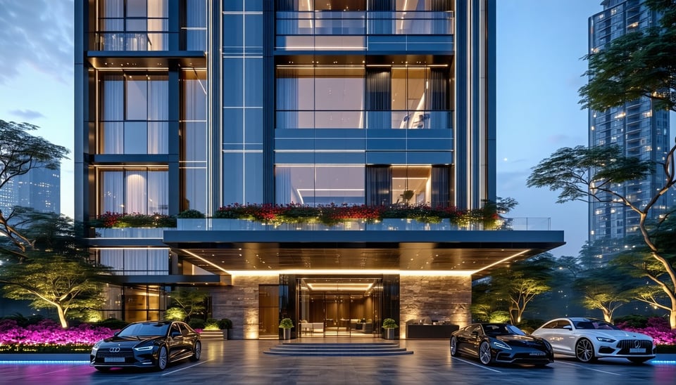 A sleek, modern hotel stands tall in the heart of a vibrant city, its glass facade reflecting the colorful lights of surrounding skyscrapers