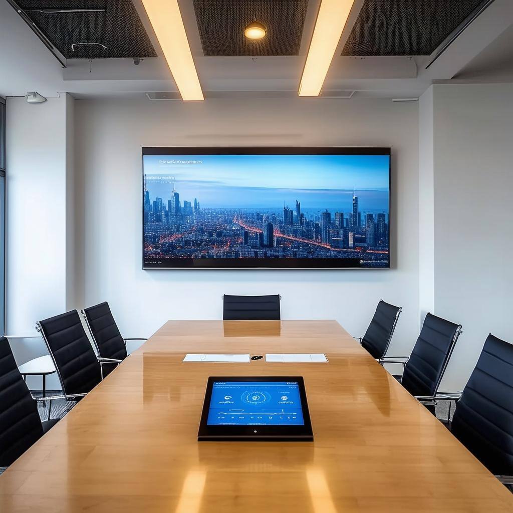 meeting room with a screen on the wall and touch screen controller on the table-1
